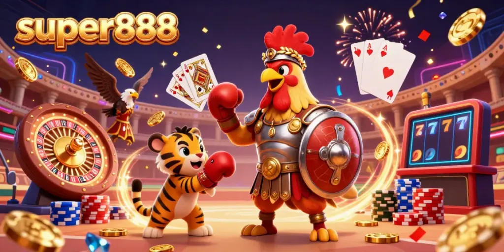 Slot online super888 yang penuh keberuntungan dan keseruan dengan karakter berwarna-warni dan efek gemerlap.