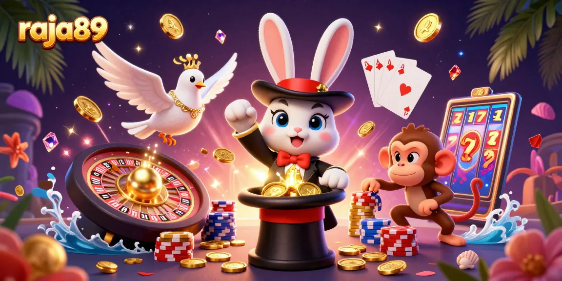 Experience thrilling action with raja89 in a vibrant 3D casino scene featuring dazzling coins and poker elements.