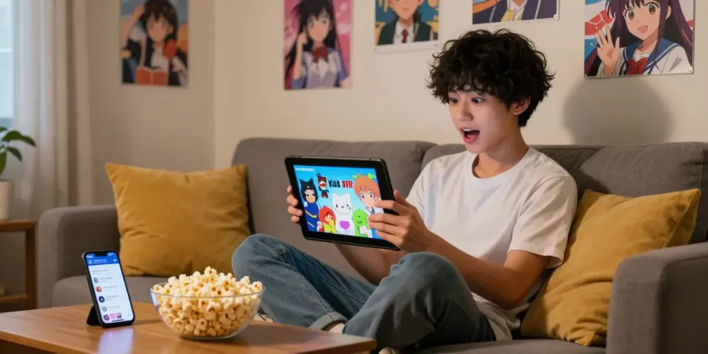 Kucing APK: Pengguna menonton anime di tablet dengan suasana rumah yang nyaman