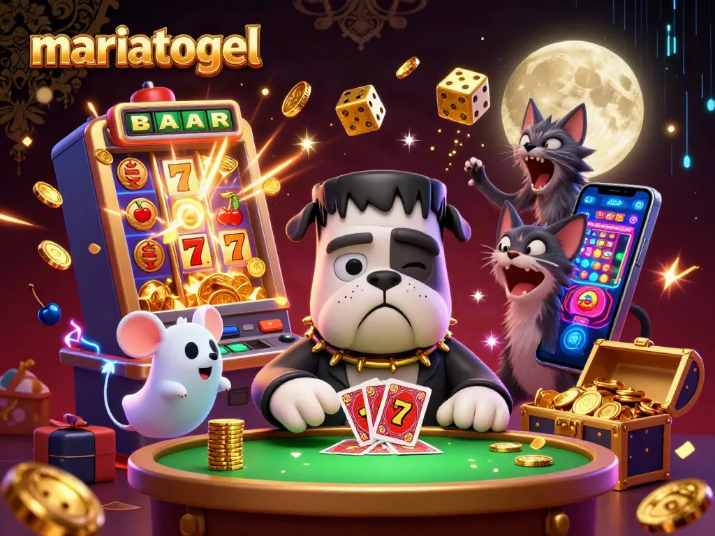Experience thrilling gameplay with mariatogel, where a Frankenstein bulldog deals cards amid a burst of casino excitement.