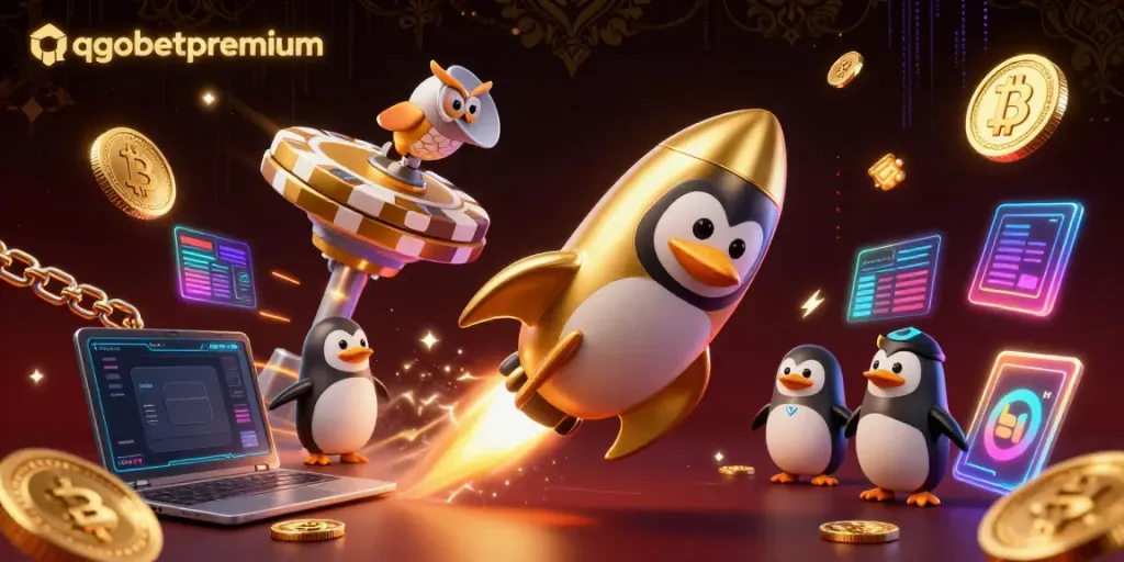 Experience QQGOBET premium gaming thrill with a golden penguin soaring through a vibrant casino cosmos.