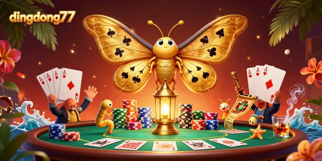 Experience exciting gameplay at dingdong77 with vibrant visuals of a casino scene featuring a majestic moth and poker elements.