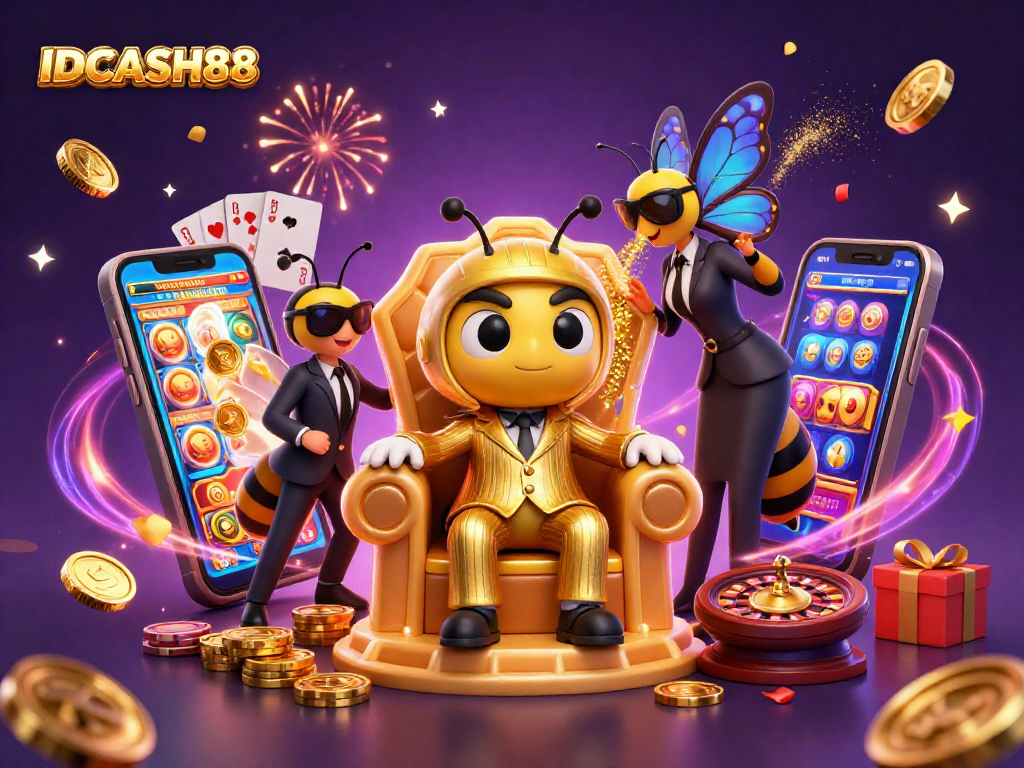 IDCASH88 engages players with vibrant casino elements in a dynamic 3D bumblebee-themed illustration.