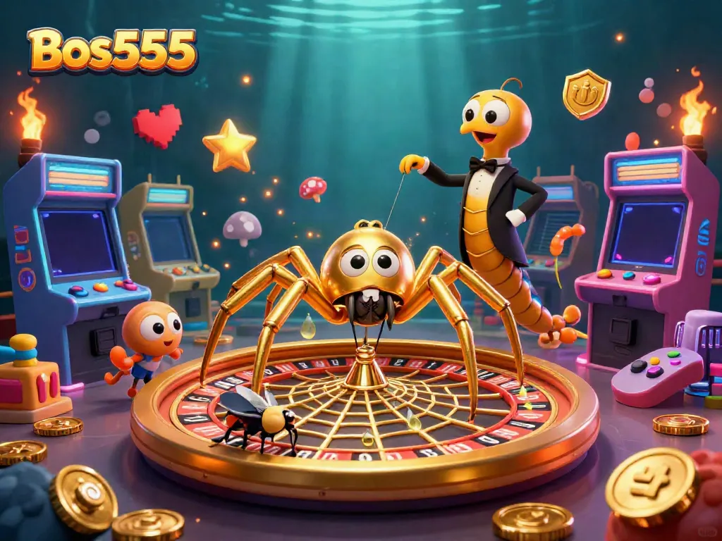 Gambarkan pengalaman menarik bermain slot di Bos555 dengan putaran robot dan laba-laba emas berputar di roda roulette.