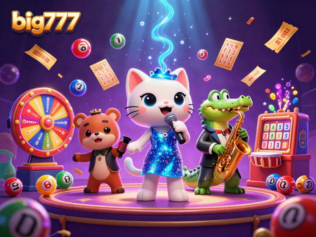 Menangkan jackpot dengan big777 di kasino virtual, penuh dengan bola lotere warna-warni dan elemen menarik.