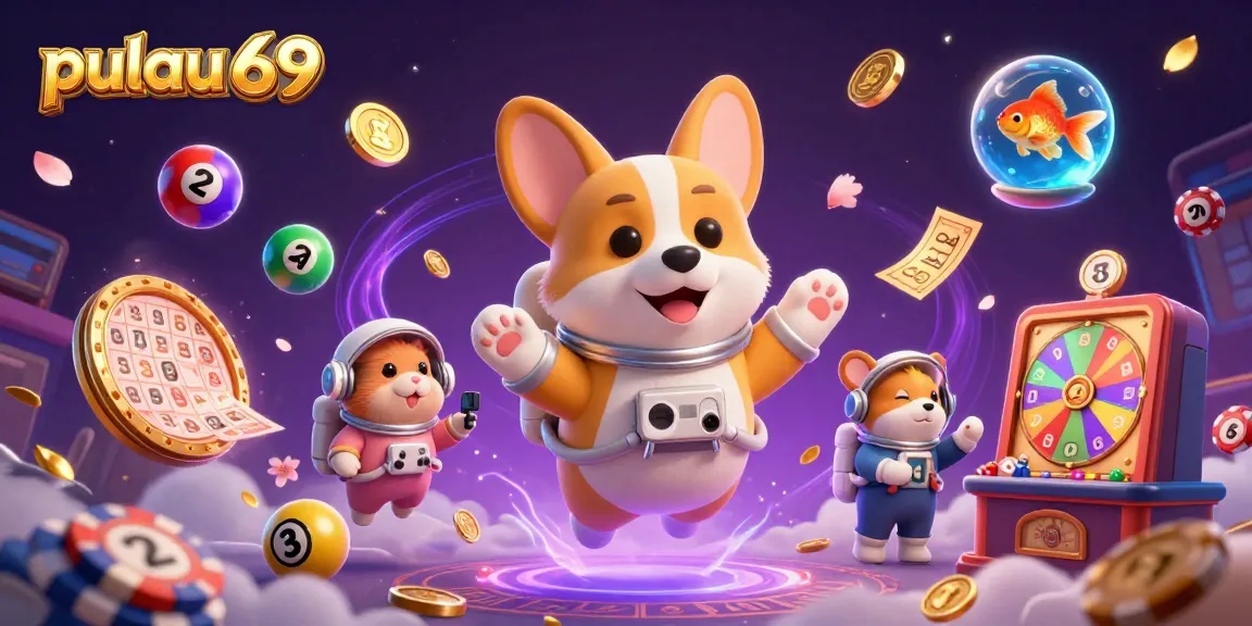 Pulau 69 captures thrilling casino action with a 3D cartoon astronaut corgi surrounded by colorful gaming elements.