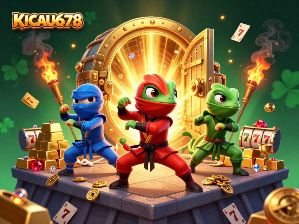KICAU678 chameleons showcase synchronized martial arts in a dazzling treasure scene full of riches.