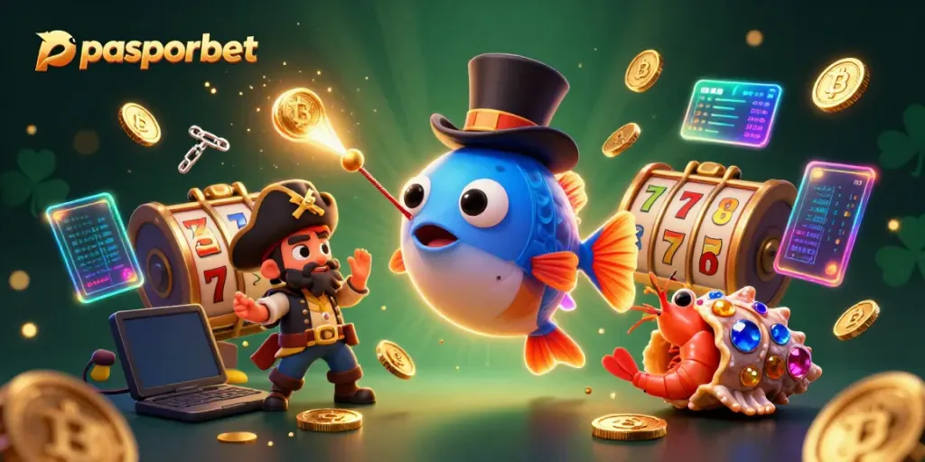 Menangkan koin emas di PASPORBET dengan ilustrasi penampilan karakter dan simbol slot yang menarik.