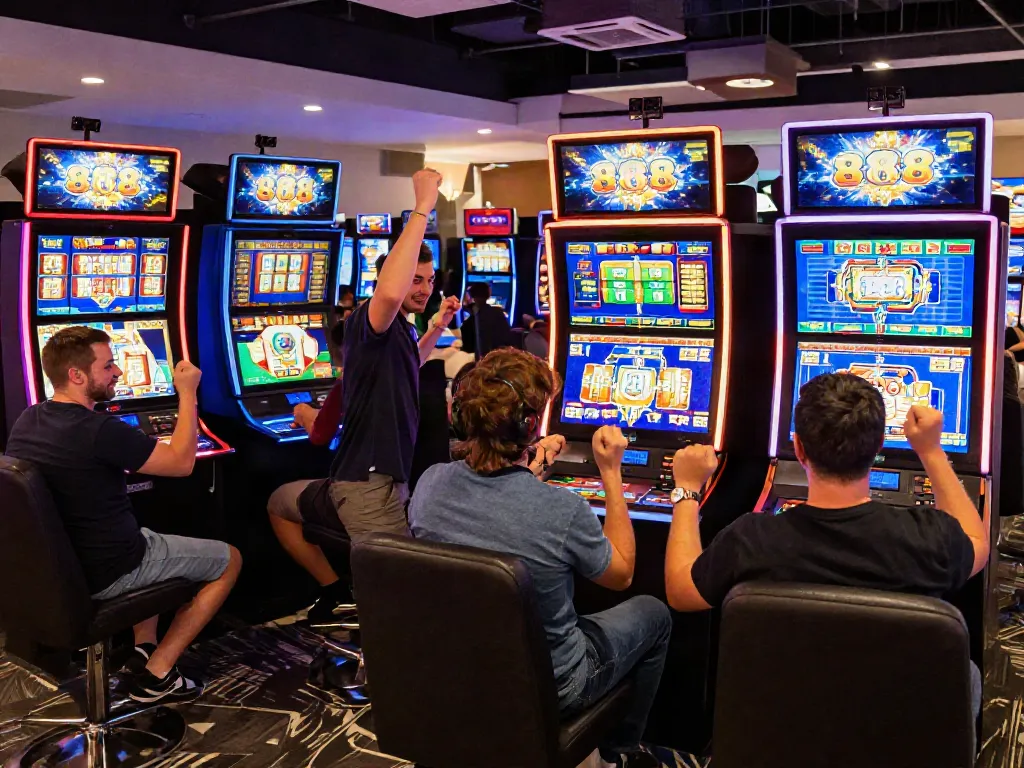 Pengalaman bermain slot88 online di kasino virtual dengan suasana ceria dan mesin slot berwarna-warni.