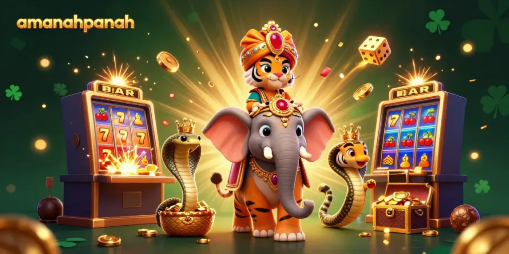 Memenangkan jackpot di amanahpanah melalui slot mesin berkilauan dengan elemen karakter berwarna-warni.
