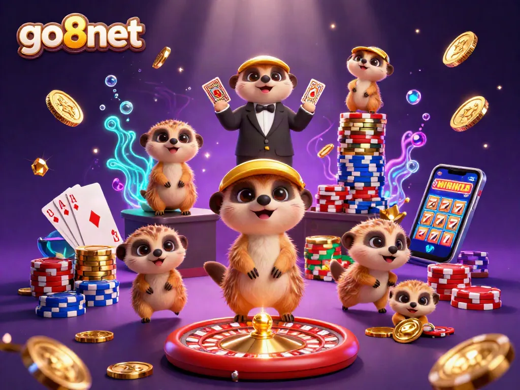 Go8net's vibrant casino scene filled with meerkats, colorful chips, and dynamic gaming elements.