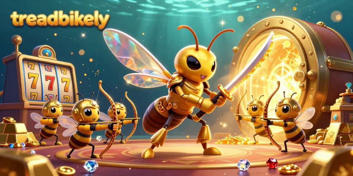 Treadbikely highlights thrilling moments in a vibrant casino with slot reels and golden treasures.