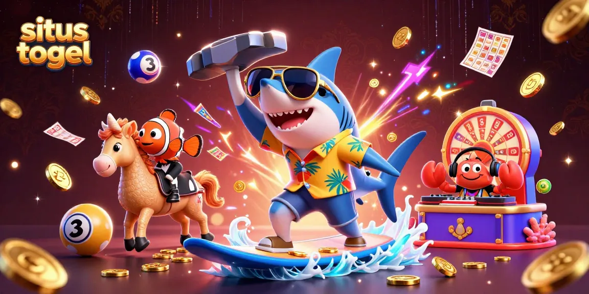 Mengakses situs togel dengan leburan ikan hiu, clownfish, dan DJ kepiting, dikelilingi elemen lotere yang dinamis.