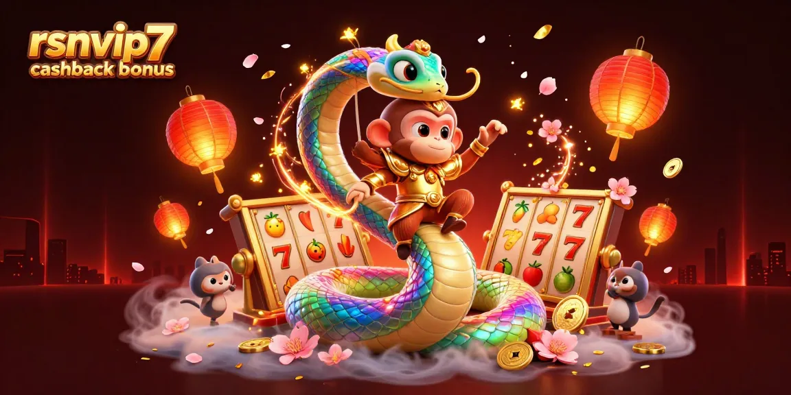 Engage with the vibrant rsnvip7 cashback bonus through an exciting 3D illustration featuring a golden-armored monkey king and rainbow serpent.