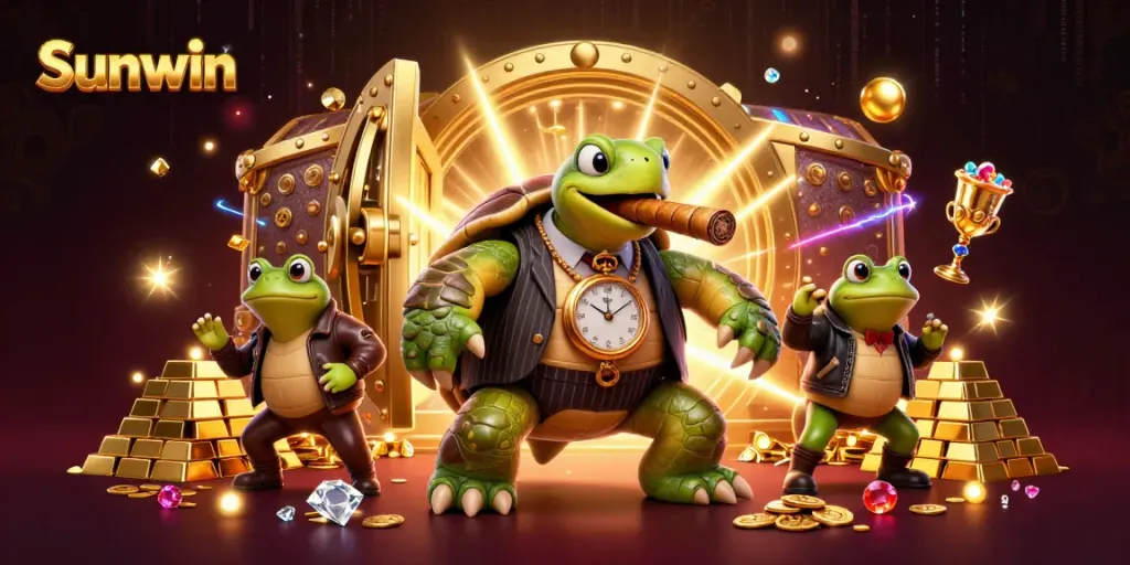 Experience the thrilling world of Sunwin with a 3D cartoon turtle mobster and bullfrog enforcers surrounded by treasures.