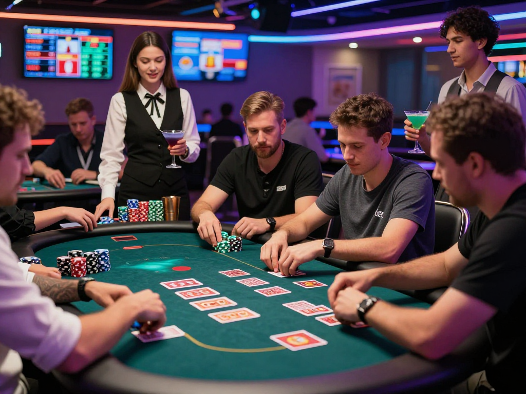 Ratutogel: suasana lounge judi dengan pemain di meja permainan yang penuh kesegaran.