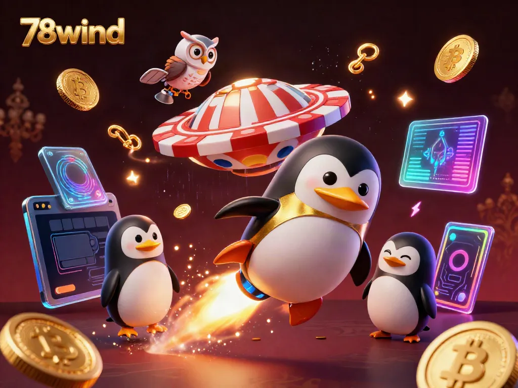 Engage with the thrilling 78wind universe through a dynamic illustration of a golden penguin and casino elements.
