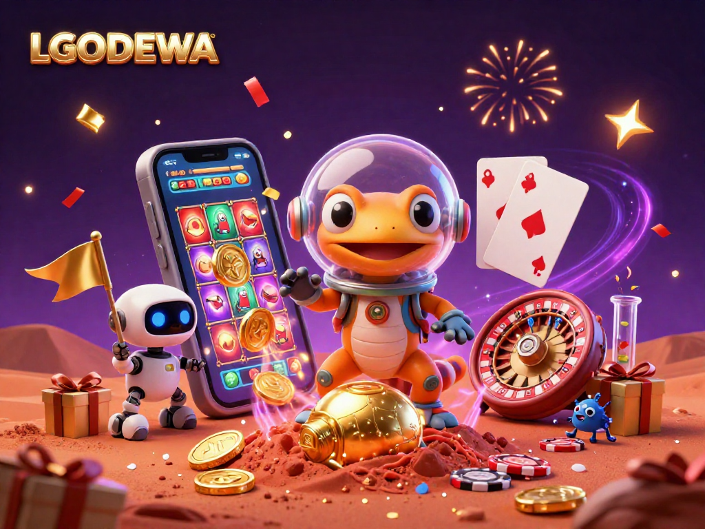 LGODEWA casino adventure scene featuring a Martian gecko, golden casino treasures, and vibrant gaming elements.