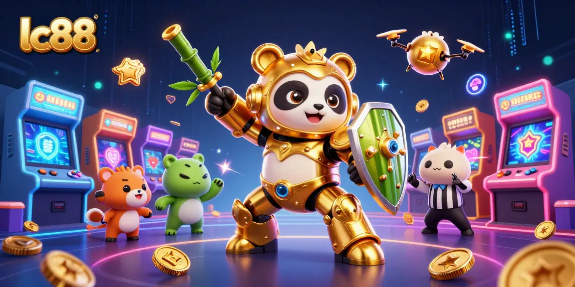 Engage with dynamic gaming action at lc88, showcasing vibrant arcade elements and a golden panda in a mech-suit.