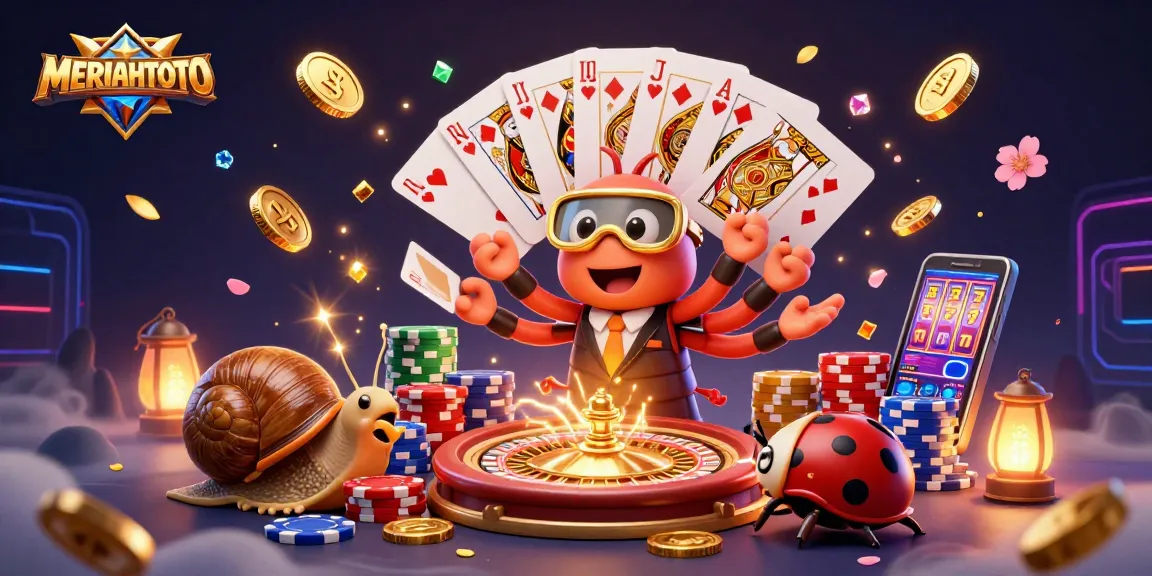 MERIAHTOTO menampilkan dealer milipede 3D dengan tangan kecil memainkan kartu, dikelilingi chip dan koin emas.