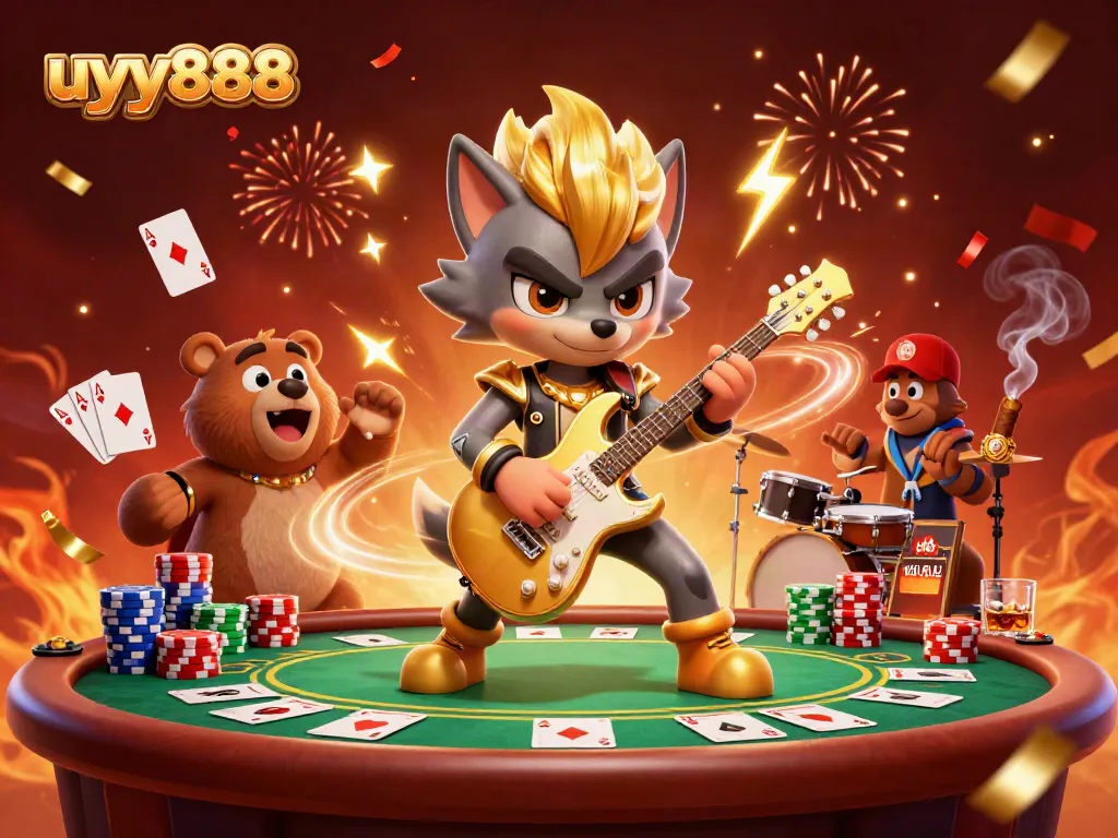 Experience thrilling action in uyy888's vibrant casino scene with cartoon characters and poker elements.