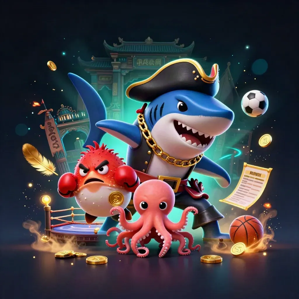 Kapten hiu bajak laut, ikan buntal, dan bayi gurita di arena neon hijau.