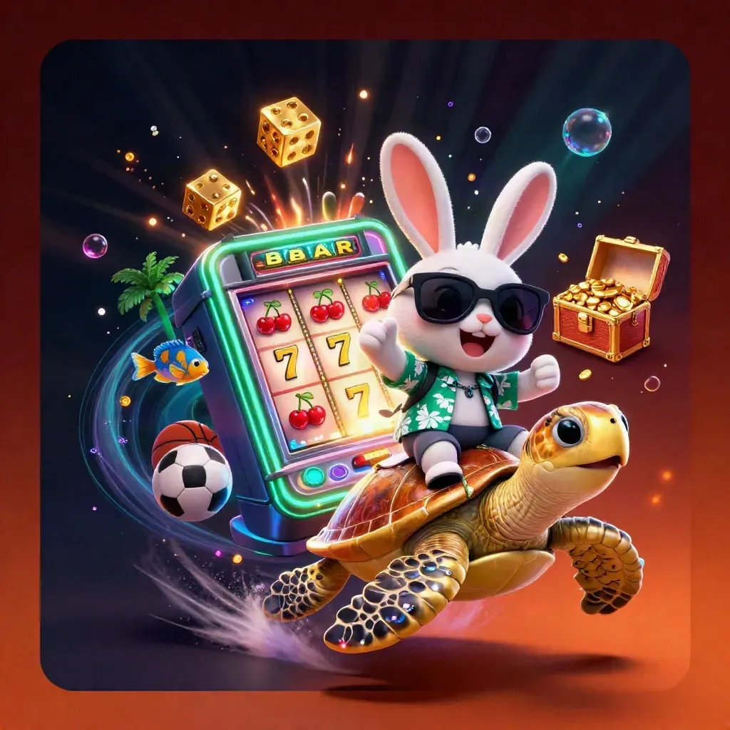 Kelinci lucu naik kura-kura emas, slot meledak, ikan tropis, bola olahraga, cahaya neon hijau.