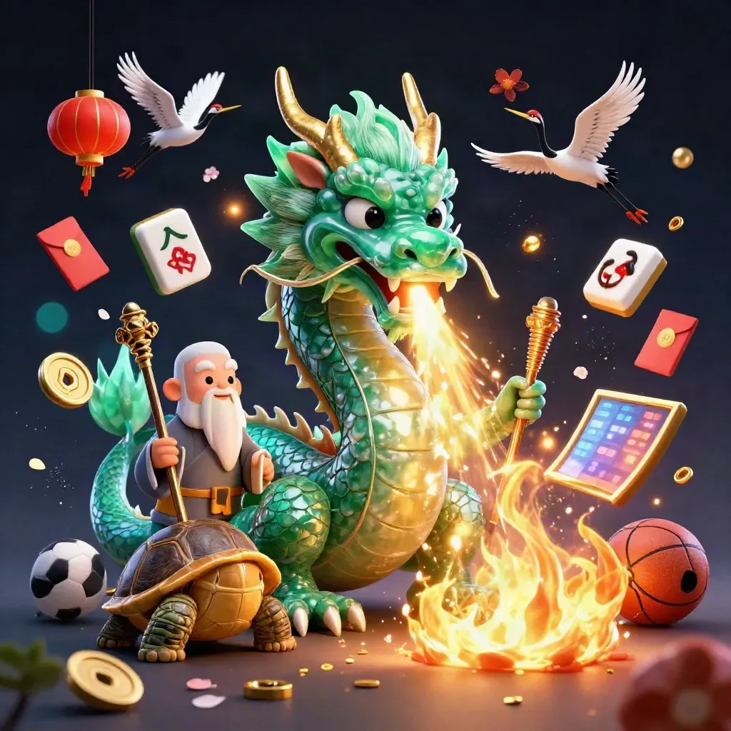 Naga jade, kura bijak, dan bangau dengan bola, koin, dan kilau neon.