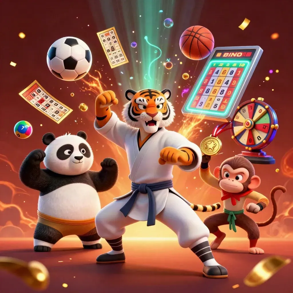 Harimau kung-fu, panda, dan monyet di ledakan aksi kasino neon.