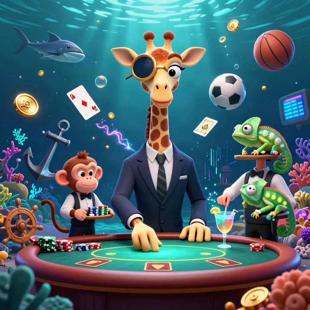 Gajah, monyet, dan bunglon kartun di meja poker bawah laut dengan bola, koin, dan cahaya neon.