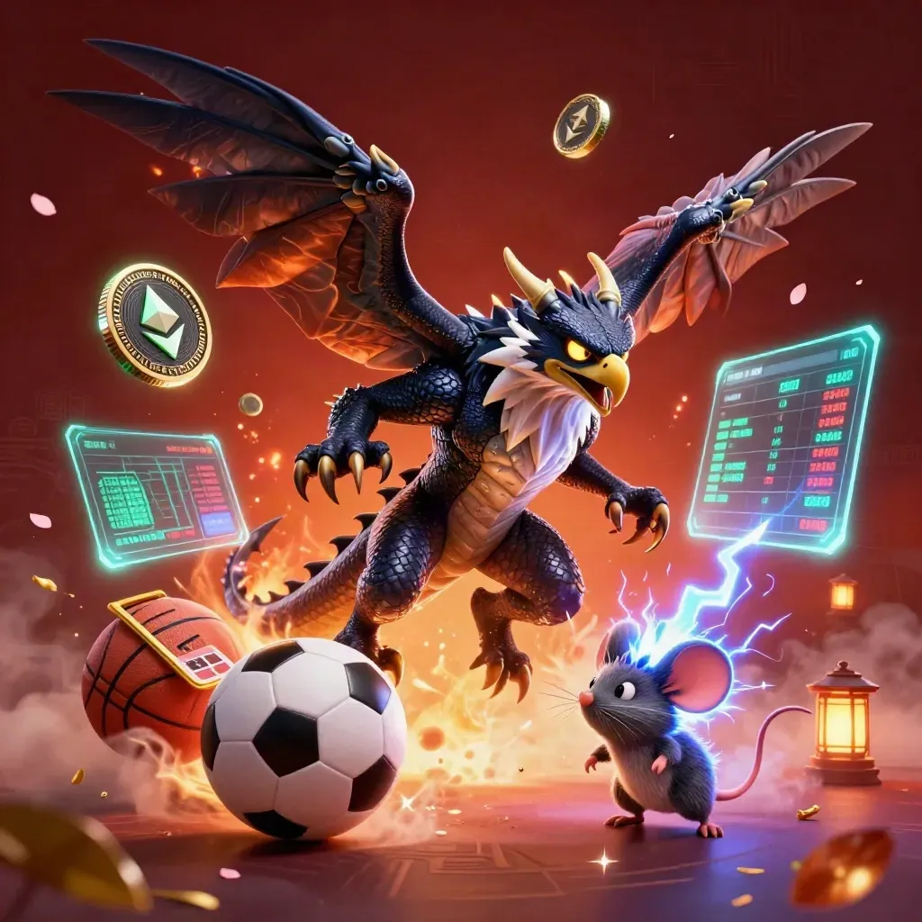 Naga petir, elang angin, dan tikus kecil dengan koin kripto serta bola olahraga.