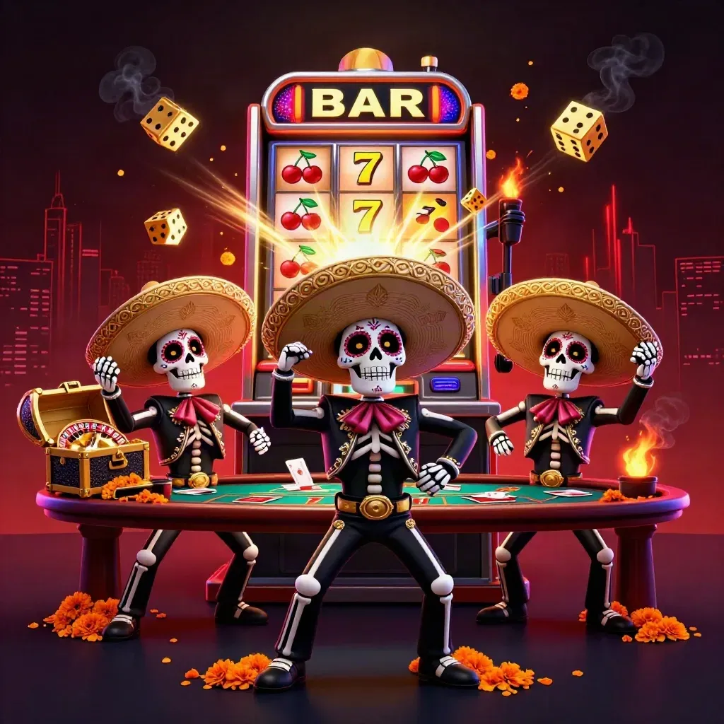 Tiga tengkorak mariachi, mesin slot emas, meja kasino, dan cahaya neon hijau gelap.
