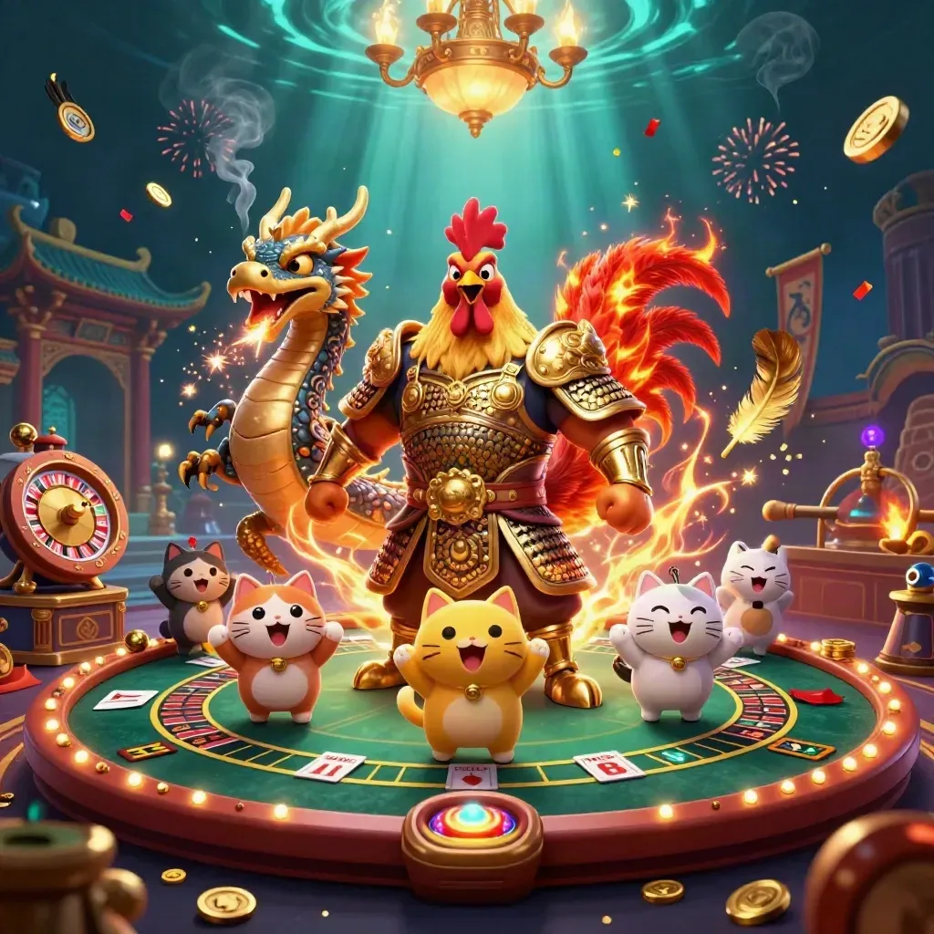 Ayam samurai, naga bayi, dan kucing keberuntungan di ruang kasino neon mewah