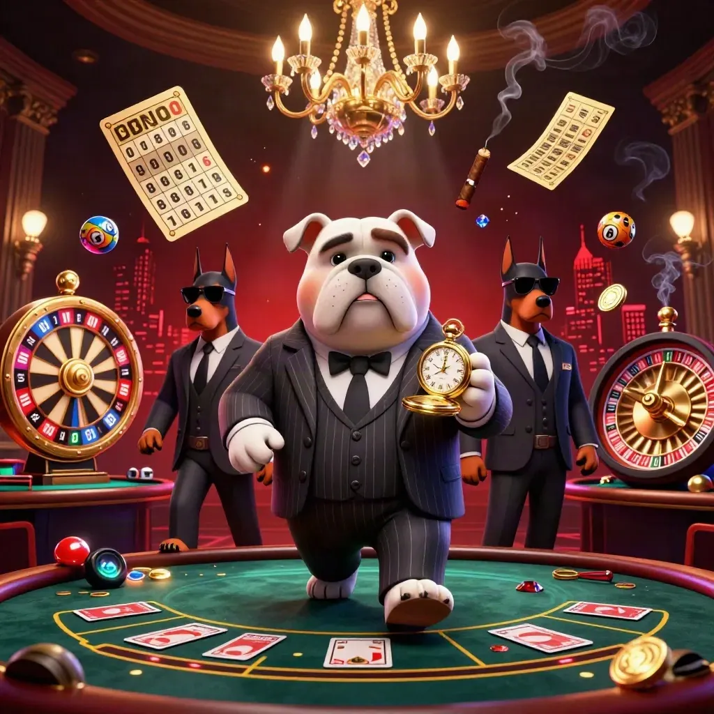 Bulldog mafia 3D dan dua doberman di ruang kasino mewah dengan cahaya dramatis.