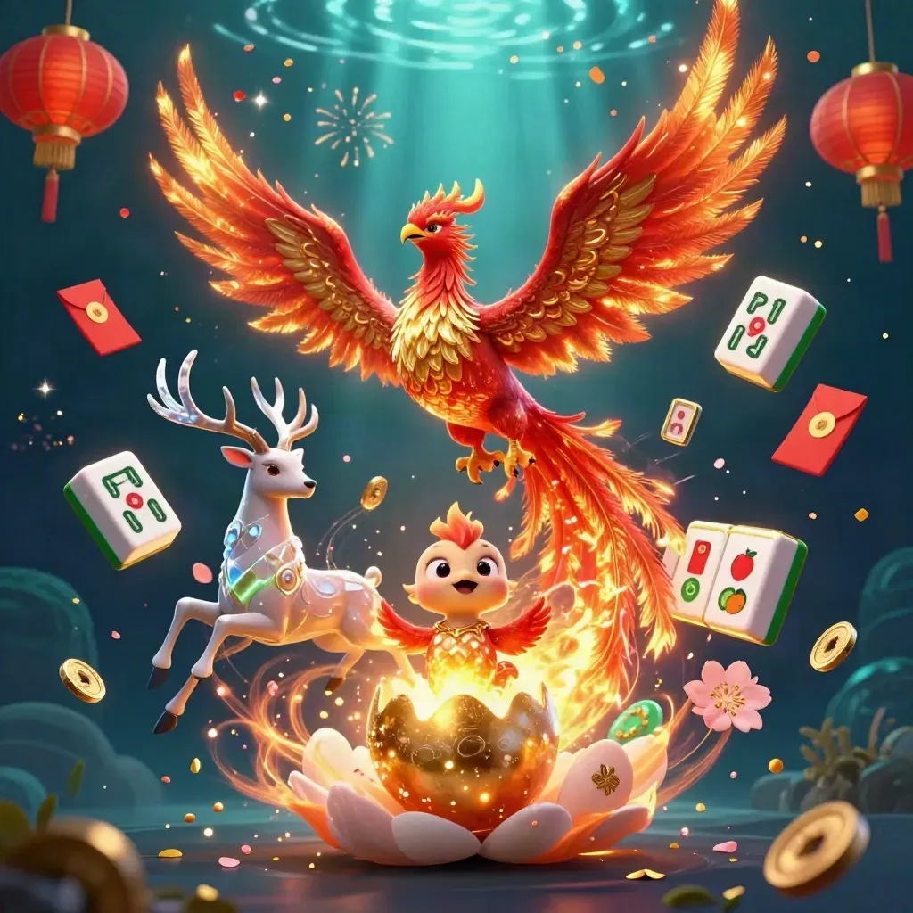 Phoenix emas, rusa kristal, bayi phoenix, koin jade, lampion, dan kilau neon hijau.