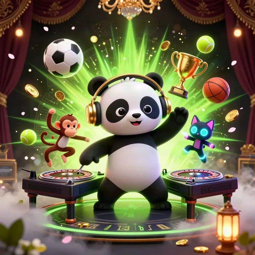 Panda DJ, monyet breakdance, dan kucing rave dikelilingi bola olahraga, koin, dan cahaya hijau neon.