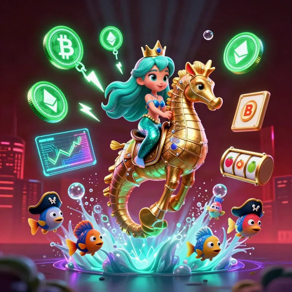 Putri duyung 3D menunggang kuda laut emas, ikan bajak laut, koin kripto, efek neon, gaya kasino premium.