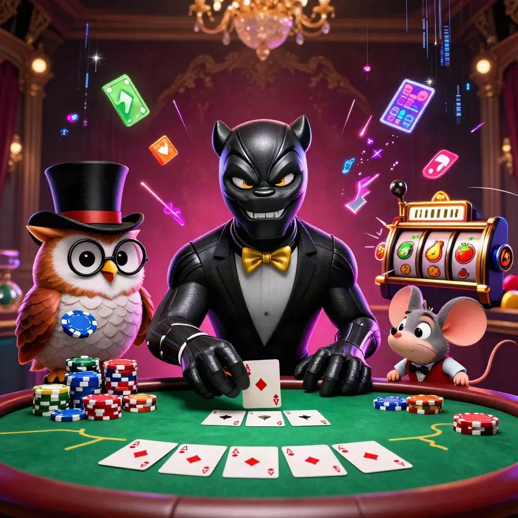 Harimau, burung hantu, dan tikus di meja kasino neon hijau dengan chip dan kilau emas.