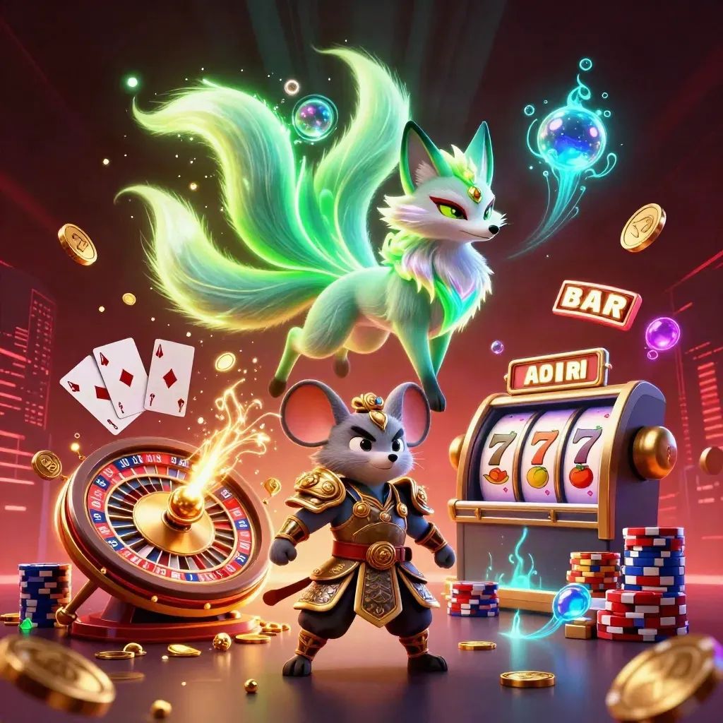 Rubah roh berkepala sembilan dan tikus samurai emas dikelilingi koin, permata, dan roda roulette.