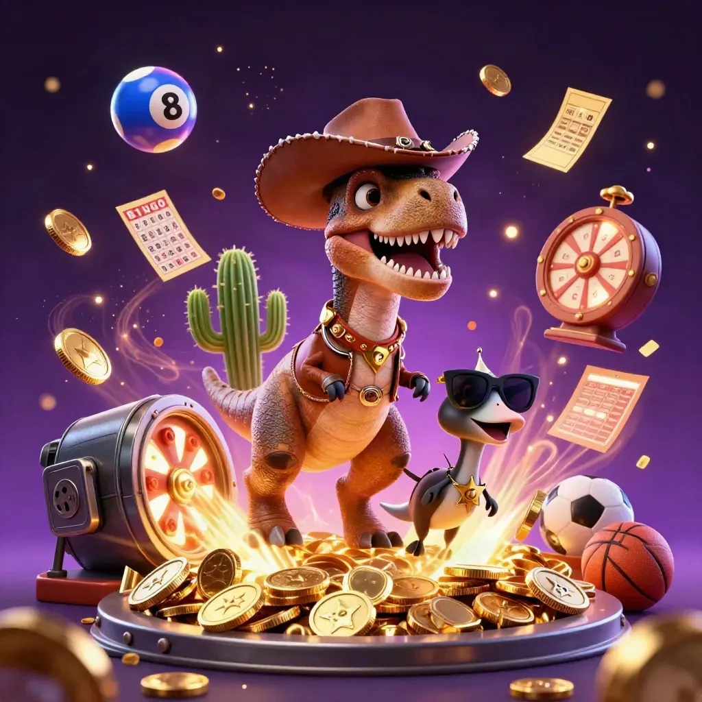 T-Rex koboi, kaktus, dan roadrunner di ledakan bonus emas kasino futuristik.