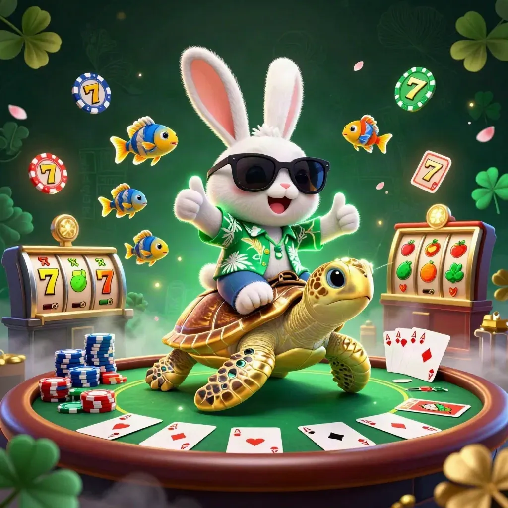 Kelinci lucu berkacamata naik penyu emas, dikelilingi kartu poker dan chip neon.