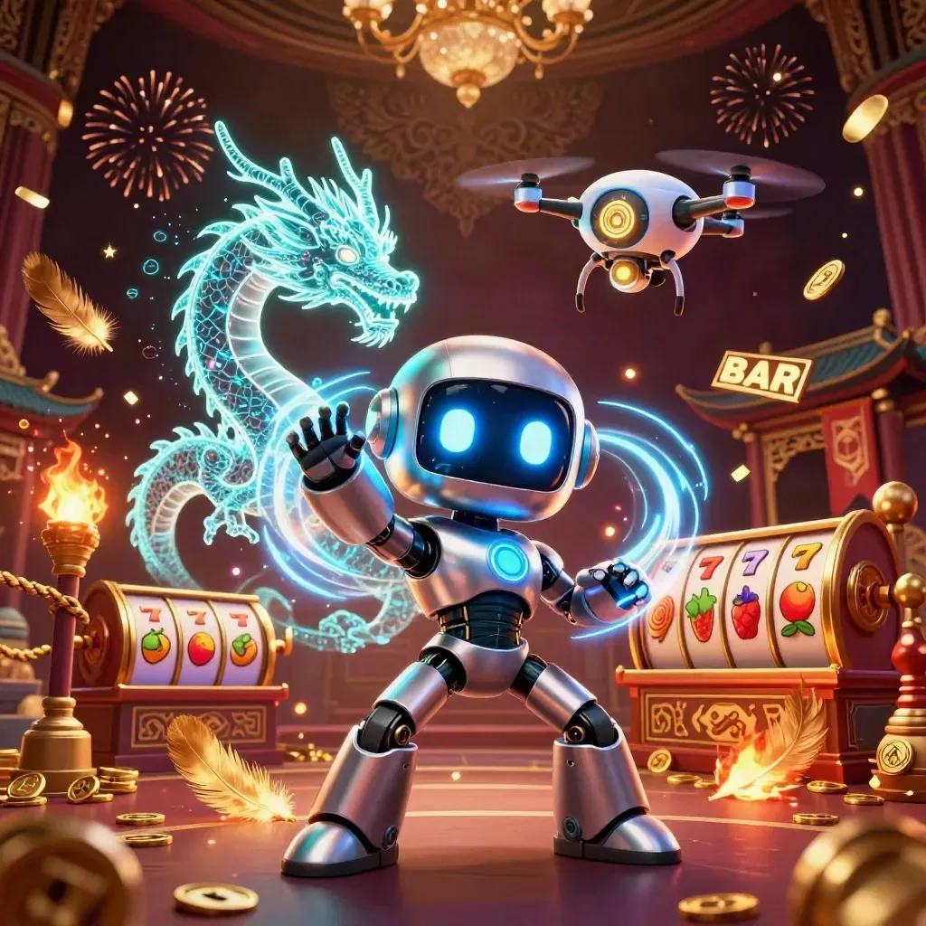 Robot cyberpunk, naga hologram, dan drone koin di latar kasino mewah bernuansa hijau neon.