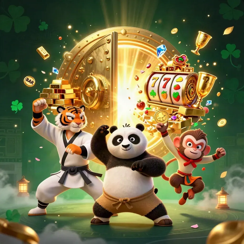 Tiger kung-fu, panda, dan monyet di depan brankas emas dan simbol slot berkilau.