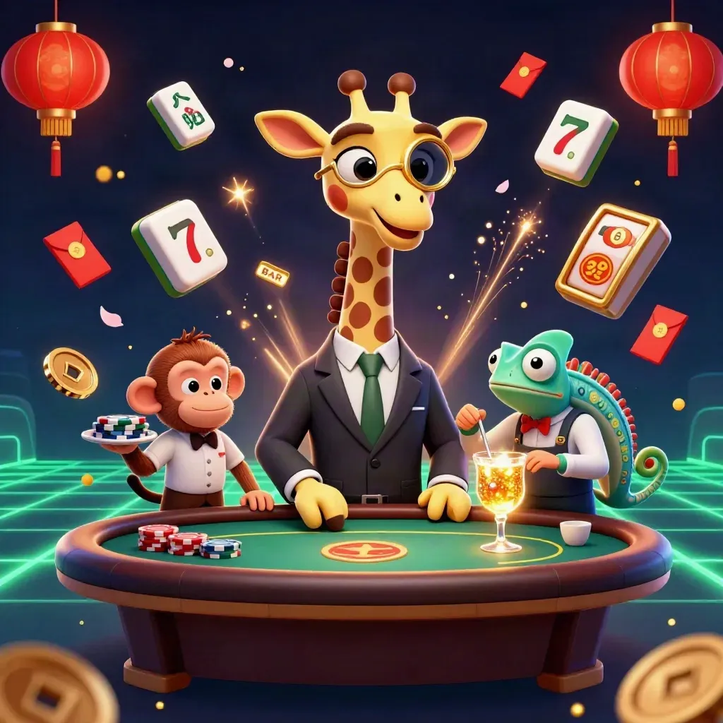 Giraffe VIP, monyet pelayan, dan bunglon bartender di meja poker, dikelilingi simbol kasino neon