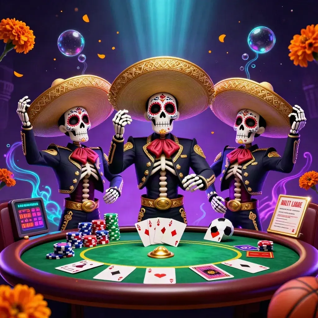 Tiga kerangka mariachi di meja poker neon, dikelilingi chip, bola, dan sorotan kosmik.