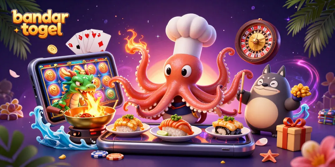 Bandar togel memiliki ilustrasi chef sushi cephalopod mempersiapkan hidangan emas di kasino online.