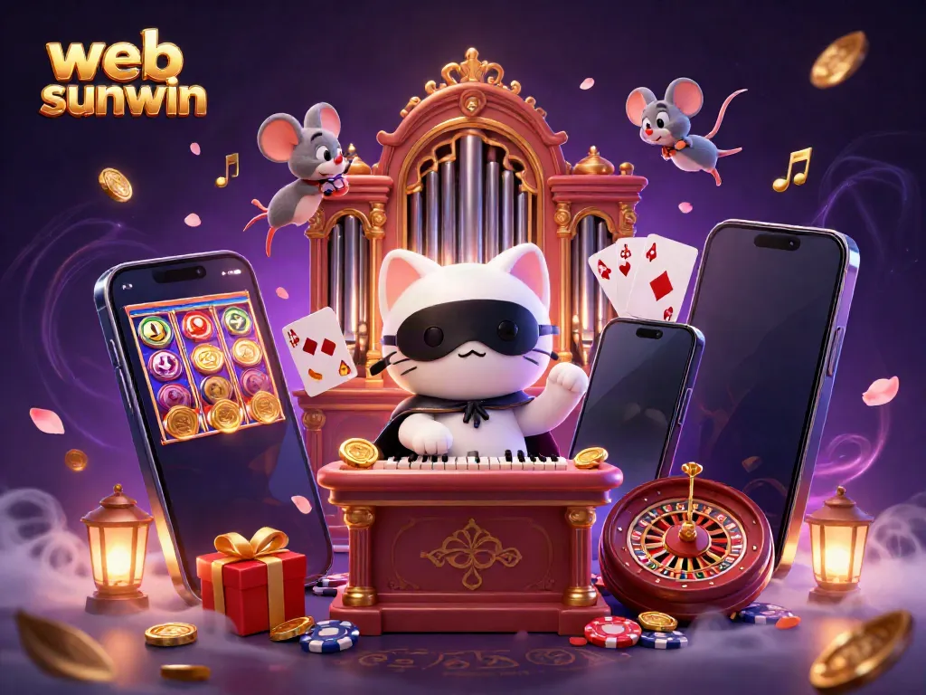 Engage with web sunwin at a dynamic casino scene featuring a masked white cat and mouse acrobat.