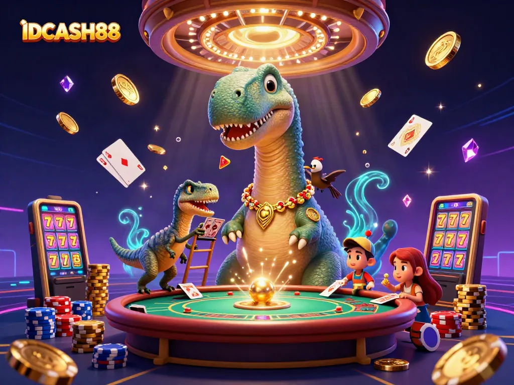 Play and win at IDCASH88 with a vibrant 3D casino scene featuring exciting games and colorful graphics.
