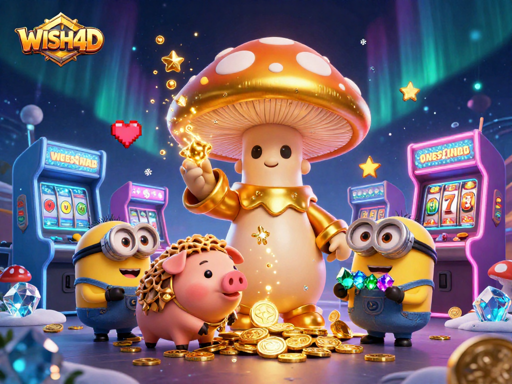 WISH4D showcases a golden mushroom wizard casting spells while enchanting slot machines and treasures.