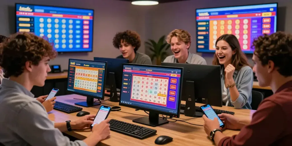 Engaged players enjoying Bandar Togel online betting experience in modern, vibrant setting.